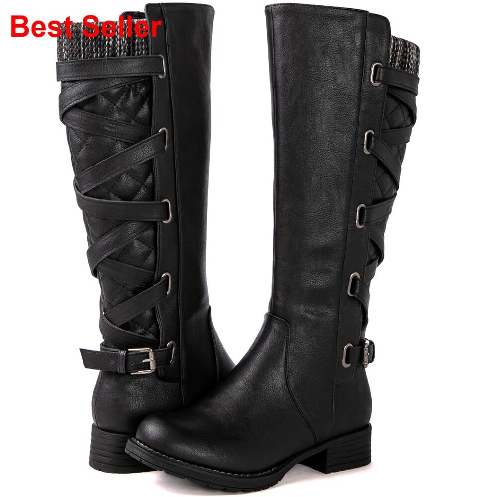 Knee High Quilted Vegan Leather Boots Low Heel Strappy Fashion